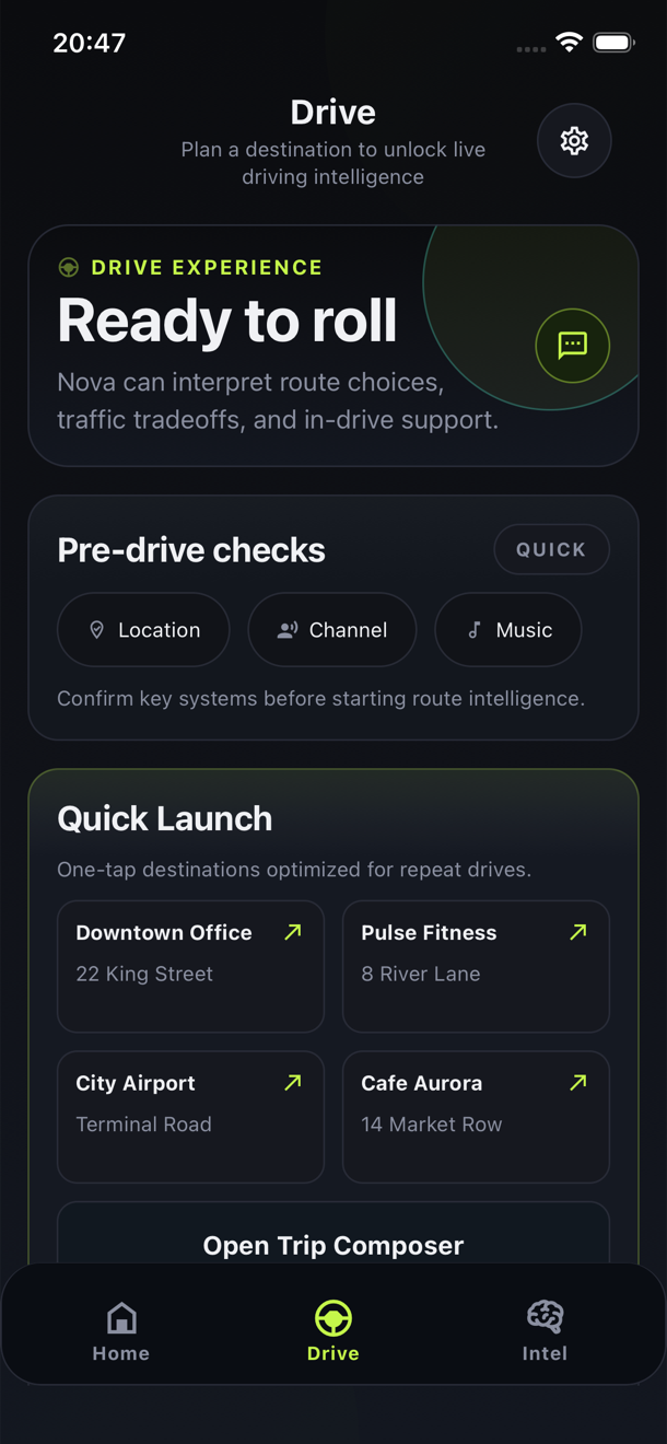 Latest Viallex iOS Drive screen with pre-drive checks and quick launch grid