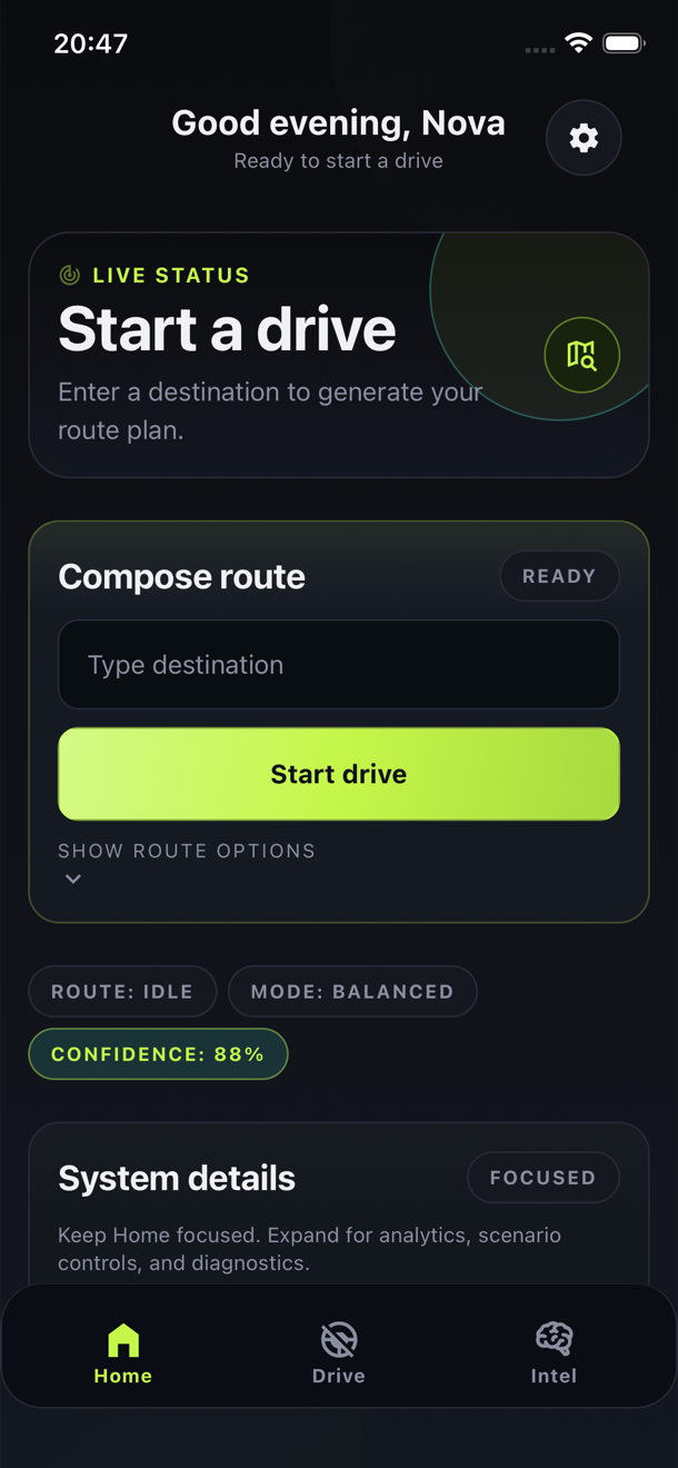 Latest Viallex iOS Home screen with start-drive composer and confidence status